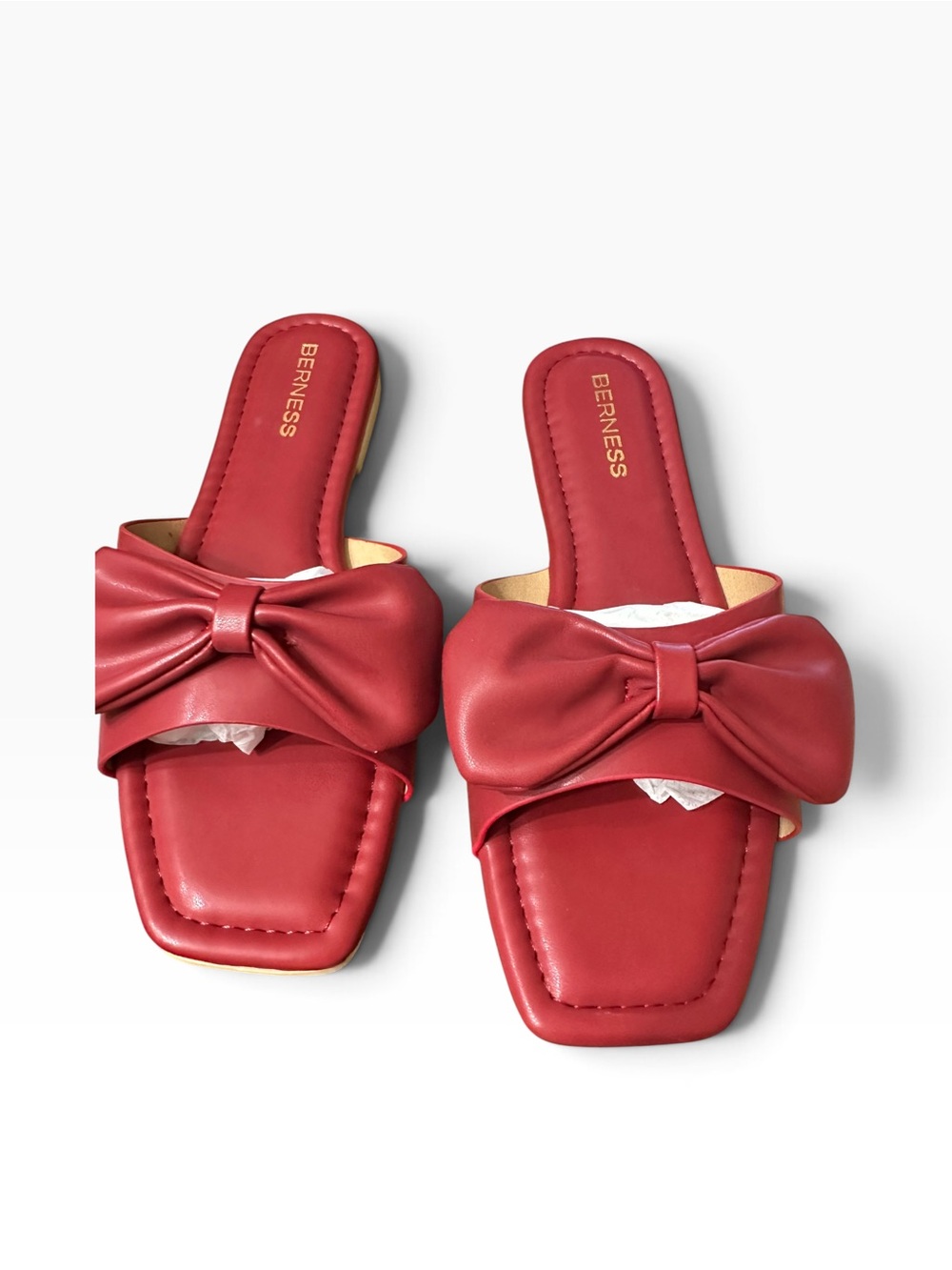 BERNESS Red Bow Square Toe Slide Sandals